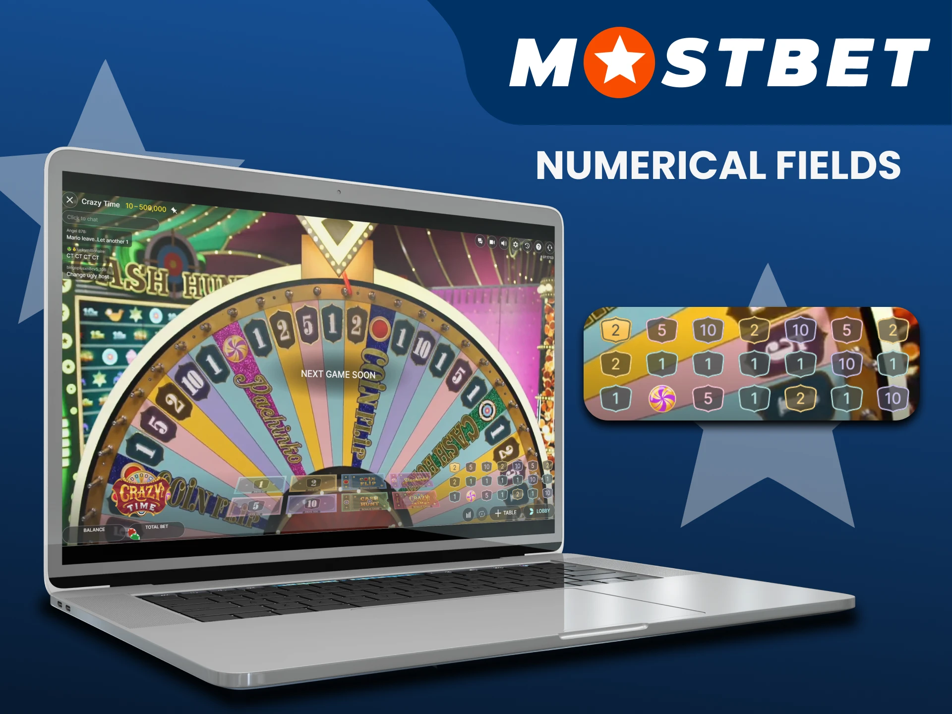 The Crazy Time game on Mostbet uses a special number system.