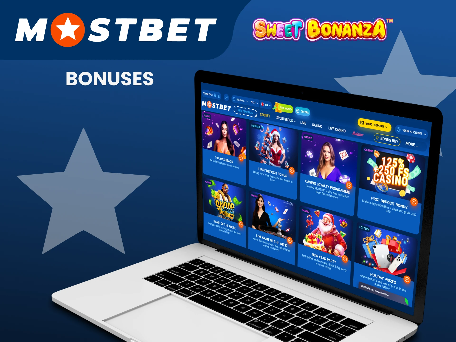 Mostbet gives bonuses for playing Sweet Bonanza.