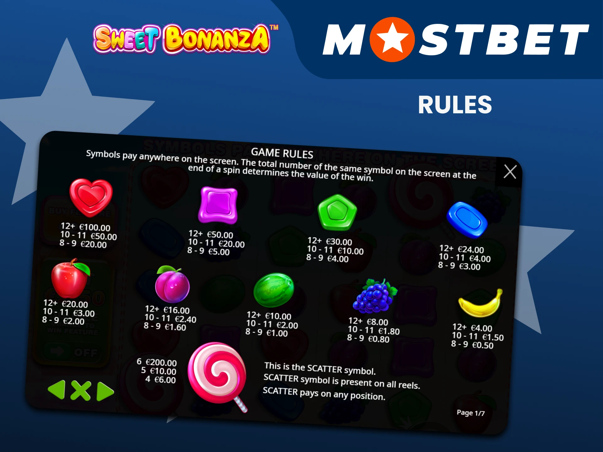 Be sure to ask for the rules of the games in Sweet Bonanza from Mostbet.