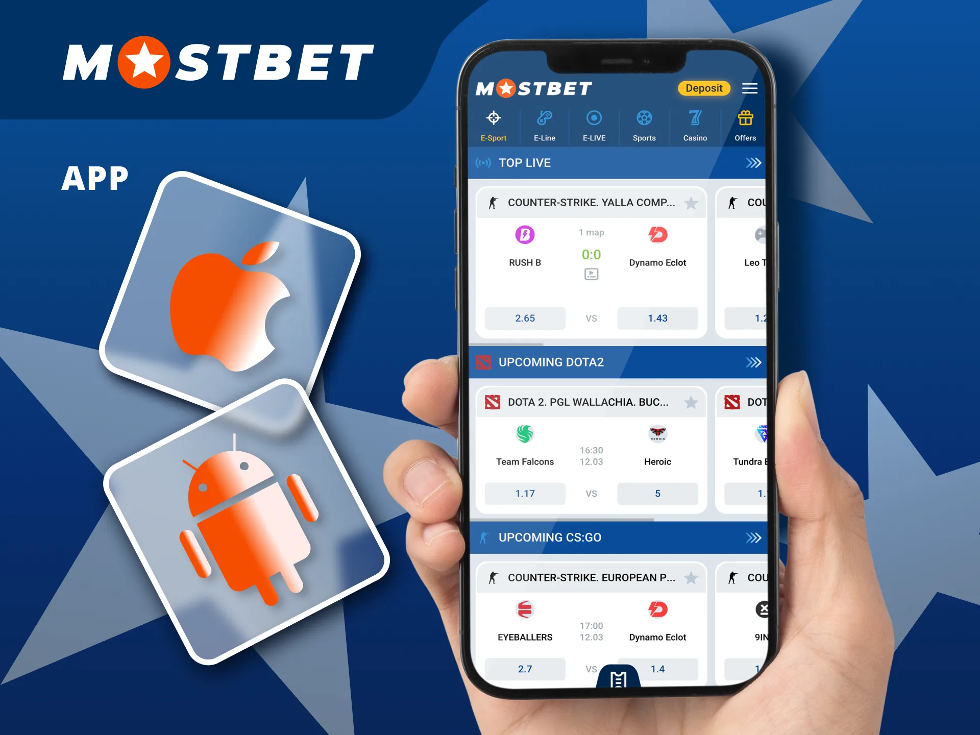 Access eSports bets, live streams, and website features with ease on the Mostbet mobile app.