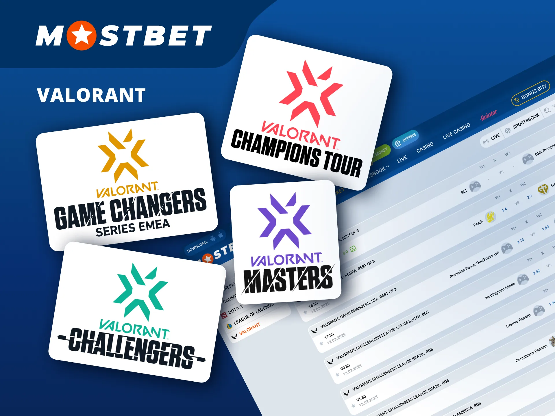 Join the action of Valorant championships, including VCT Masters and Challengers, at Mostbet.