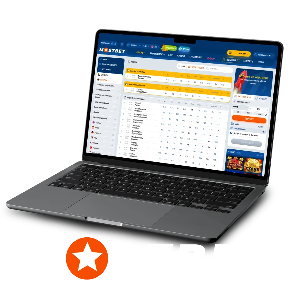 Place football bets on the official Mostbet website.