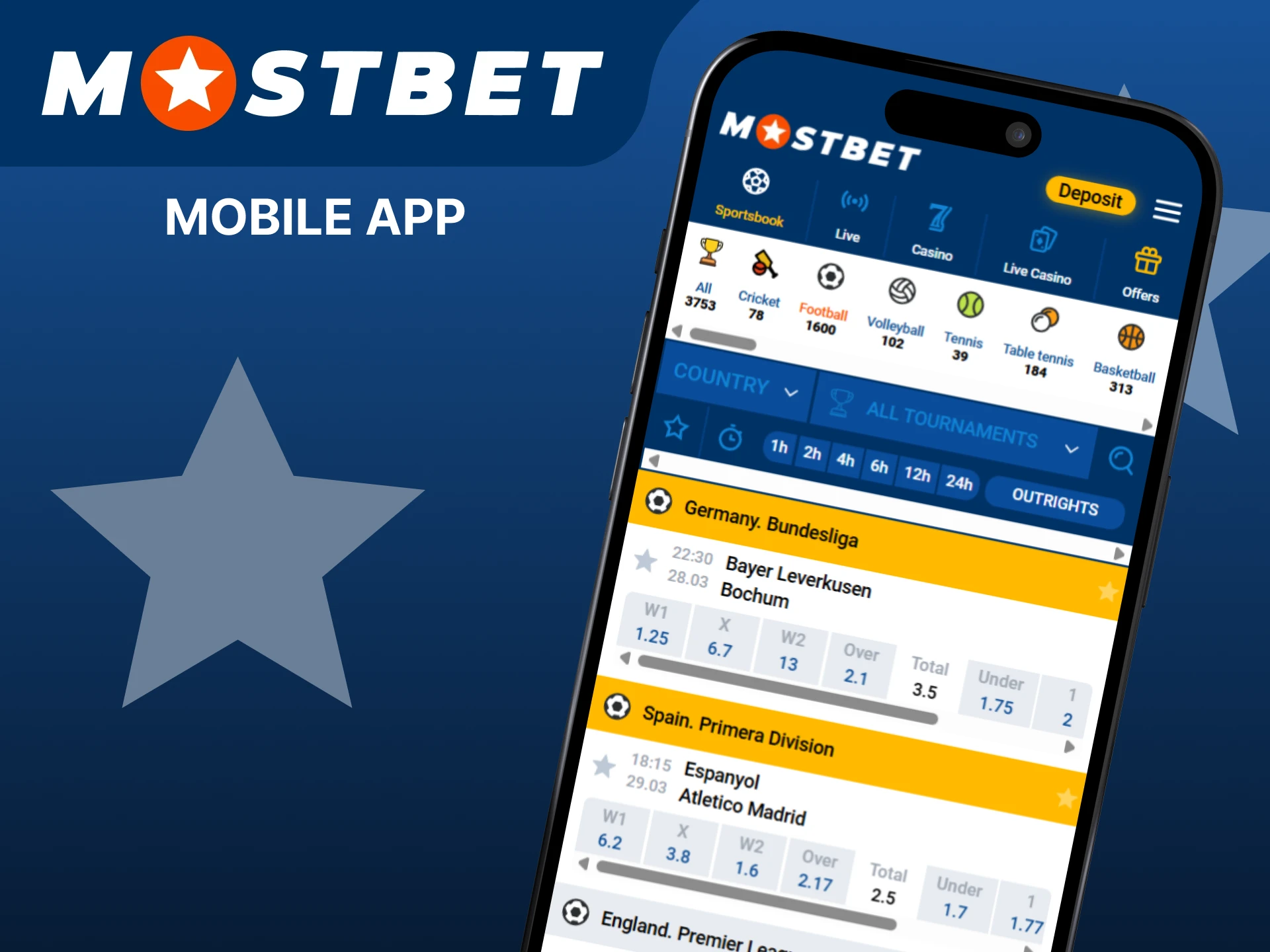 Download the Mostbet app to bet on football matches.