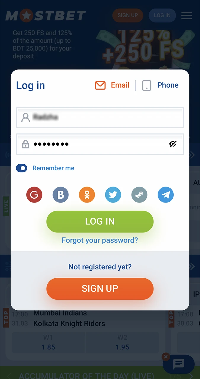 Carefully enter your data required to log in to your personal account on the Mostbet bookmaker's website.