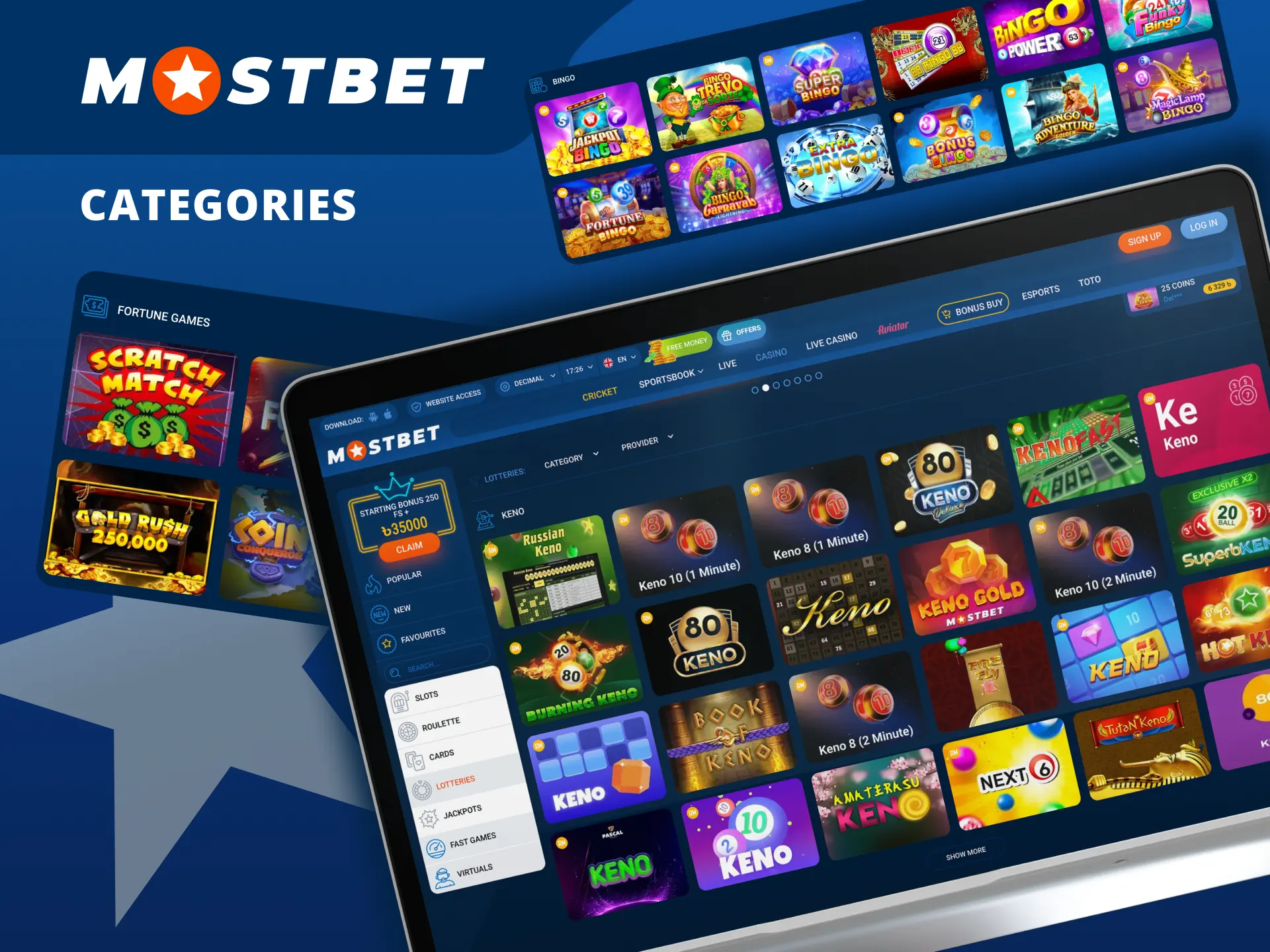 Play classic and modern lotteries like Bingo, Keno, and Lotto at Mostbet.