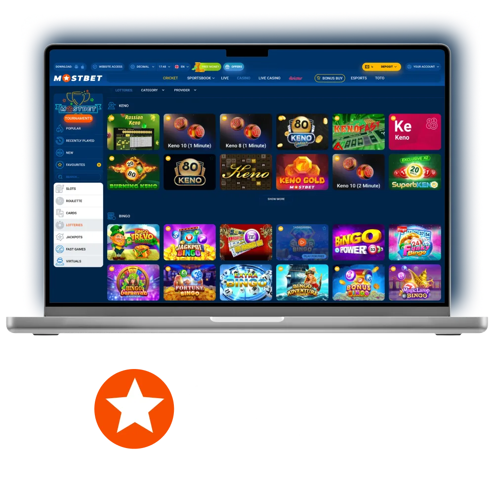 Enjoy diverse lottery games on Mostbet, from Fortune games to Bingo, with amazing prizes.