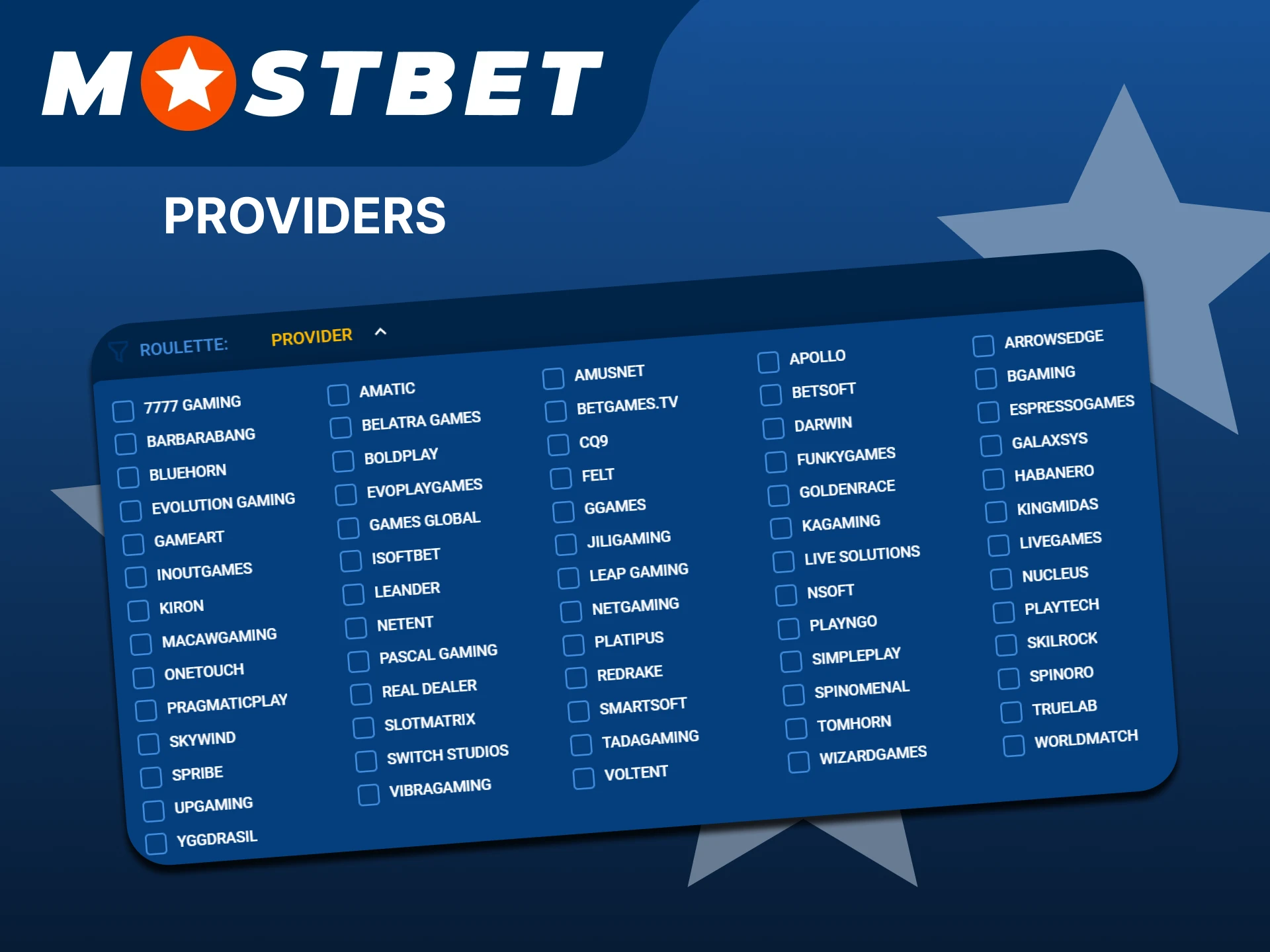 Check out the roulette providers on the Mostbet website.