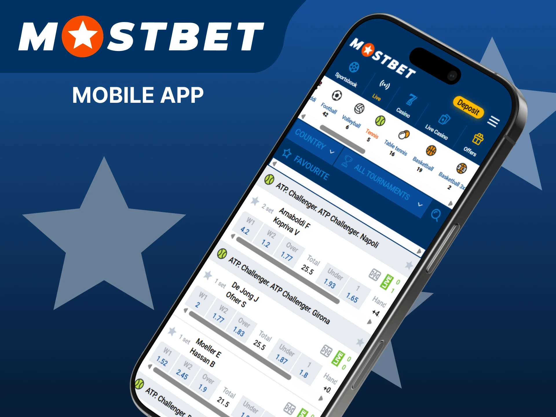 Make bets on tennis through the Mostbet app.
