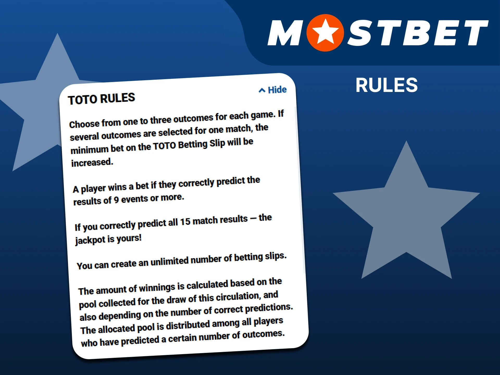 Familiarize yourself with the TOTO rules at Mostbet.